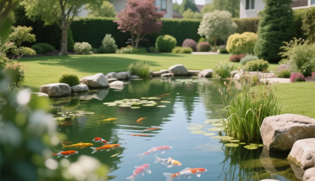 Um belo lago artificial em um jardim residencial, com água cristalina, pedras decorativas, plantas aquáticas e peixes ornamentais (como carpas coloridas). O cenário deve transmitir tranquilidade e harmonia, com iluminação natural suave, estilo fotográfico realista em alta resolução. Fundo com gramado bem cuidado e algumas árvores ou arbustos ao redor, destacando a integração do lago com o paisagismo da casa.
