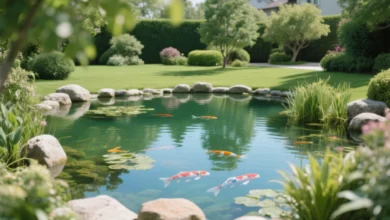 Um belo lago artificial em um jardim residencial, com água cristalina, pedras decorativas, plantas aquáticas e peixes ornamentais (como carpas coloridas). O cenário deve transmitir tranquilidade e harmonia, com iluminação natural suave, estilo fotográfico realista em alta resolução. Fundo com gramado bem cuidado e algumas árvores ou arbustos ao redor, destacando a integração do lago com o paisagismo da casa.