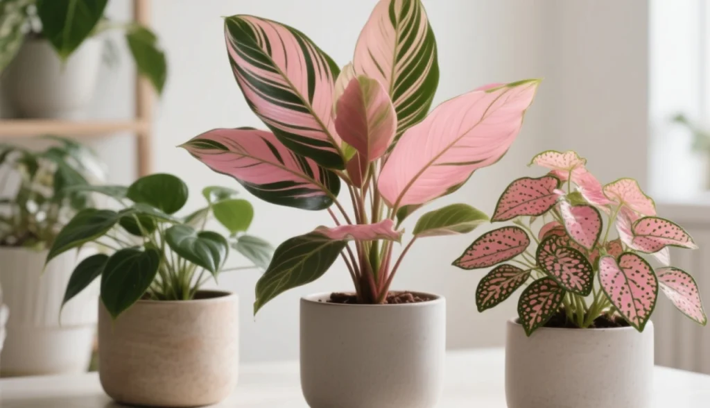 Composição botânica elegante com diferentes plantas de interior que possuem folhas em tons de rosa e verde, como Calathea triostar, Fitônia rosa e Begônia maculata rosa. As plantas estão dispostas em vasos modernos e minimalistas, em um ambiente iluminado e aconchegante, com fundo claro e clean. Estilo fotografia editorial, alta resolução, iluminação suave e natural, foco nas texturas e cores vibrantes das folhas. Aparência sofisticada e contemporânea, perfeita para ilustrar uma matéria de decoração e tendências botânicas.