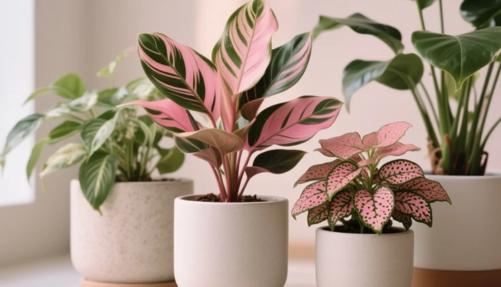 Composição botânica elegante com diferentes plantas de interior que possuem folhas em tons de rosa e verde, como Calathea triostar, Fitônia rosa e Begônia maculata rosa. As plantas estão dispostas em vasos modernos e minimalistas, em um ambiente iluminado e aconchegante, com fundo claro e clean. Estilo fotografia editorial, alta resolução, iluminação suave e natural, foco nas texturas e cores vibrantes das folhas. Aparência sofisticada e contemporânea, perfeita para ilustrar uma matéria de decoração e tendências botânicas.