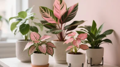 Composição botânica elegante com diferentes plantas de interior que possuem folhas em tons de rosa e verde, como Calathea triostar, Fitônia rosa e Begônia maculata rosa. As plantas estão dispostas em vasos modernos e minimalistas, em um ambiente iluminado e aconchegante, com fundo claro e clean. Estilo fotografia editorial, alta resolução, iluminação suave e natural, foco nas texturas e cores vibrantes das folhas. Aparência sofisticada e contemporânea, perfeita para ilustrar uma matéria de decoração e tendências botânicas.