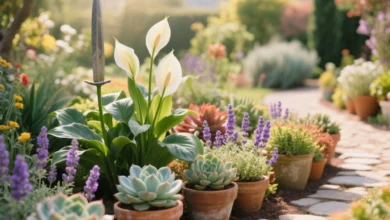Um jardim ensolarado e colorido com diversas plantas externas fáceis de cuidar, como suculentas, Espada-de-São-Jorge, Lírio-da-paz e lavanda, em vasos e canteiros organizados. Fundo com um pequeno caminho de pedra, iluminação natural suave, estilo realista e vibrante. Ambiente acolhedor, mostrando um jardim transformado e harmonioso, ideal para inspiração de decoração externa. Alta resolução, cores vivas e detalhamento natural das folhas e flores.