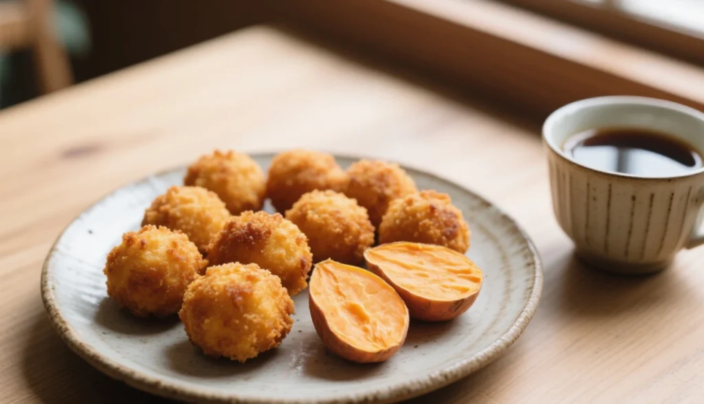 Bolinho de batata-doce dourado e crocante, servido em um prato rústico de cerâmica. Alguns bolinhos inteiros e outros cortados ao meio, mostrando o interior macio e cremoso. Fundo de mesa de madeira clara, com luz natural suave vinda de uma janela, estilo fotografia culinária profissional. Ao lado, uma xícara de café ou chá para compor a cena. Alta resolução, cores quentes e apetitosa apresentação