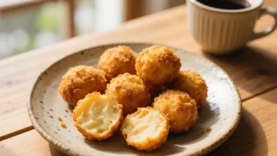 Bolinho de batata-doce dourado e crocante, servido em um prato rústico de cerâmica. Alguns bolinhos inteiros e outros cortados ao meio, mostrando o interior macio e cremoso. Fundo de mesa de madeira clara, com luz natural suave vinda de uma janela, estilo fotografia culinária profissional. Ao lado, uma xícara de café ou chá para compor a cena. Alta resolução, cores quentes e apetitosa apresentação