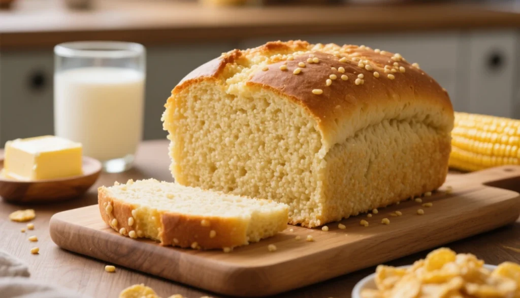 Um pão de cuscuz dourado e fofo recém-assado, servido sobre uma tábua rústica de madeira. A textura do pão é leve e aerada, com pedaços de cuscuz visíveis na massa. Fundo de cozinha caseira bem iluminada, com utensílios simples e ingredientes como flocos de milho, manteiga e leite ao redor para compor a cena. Estilo fotografia gastronômica profissional, iluminação natural suave, foco nítido e cores vibrantes. Alta resolução.