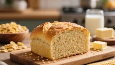 Um pão de cuscuz dourado e fofo recém-assado, servido sobre uma tábua rústica de madeira. A textura do pão é leve e aerada, com pedaços de cuscuz visíveis na massa. Fundo de cozinha caseira bem iluminada, com utensílios simples e ingredientes como flocos de milho, manteiga e leite ao redor para compor a cena. Estilo fotografia gastronômica profissional, iluminação natural suave, foco nítido e cores vibrantes. Alta resolução.