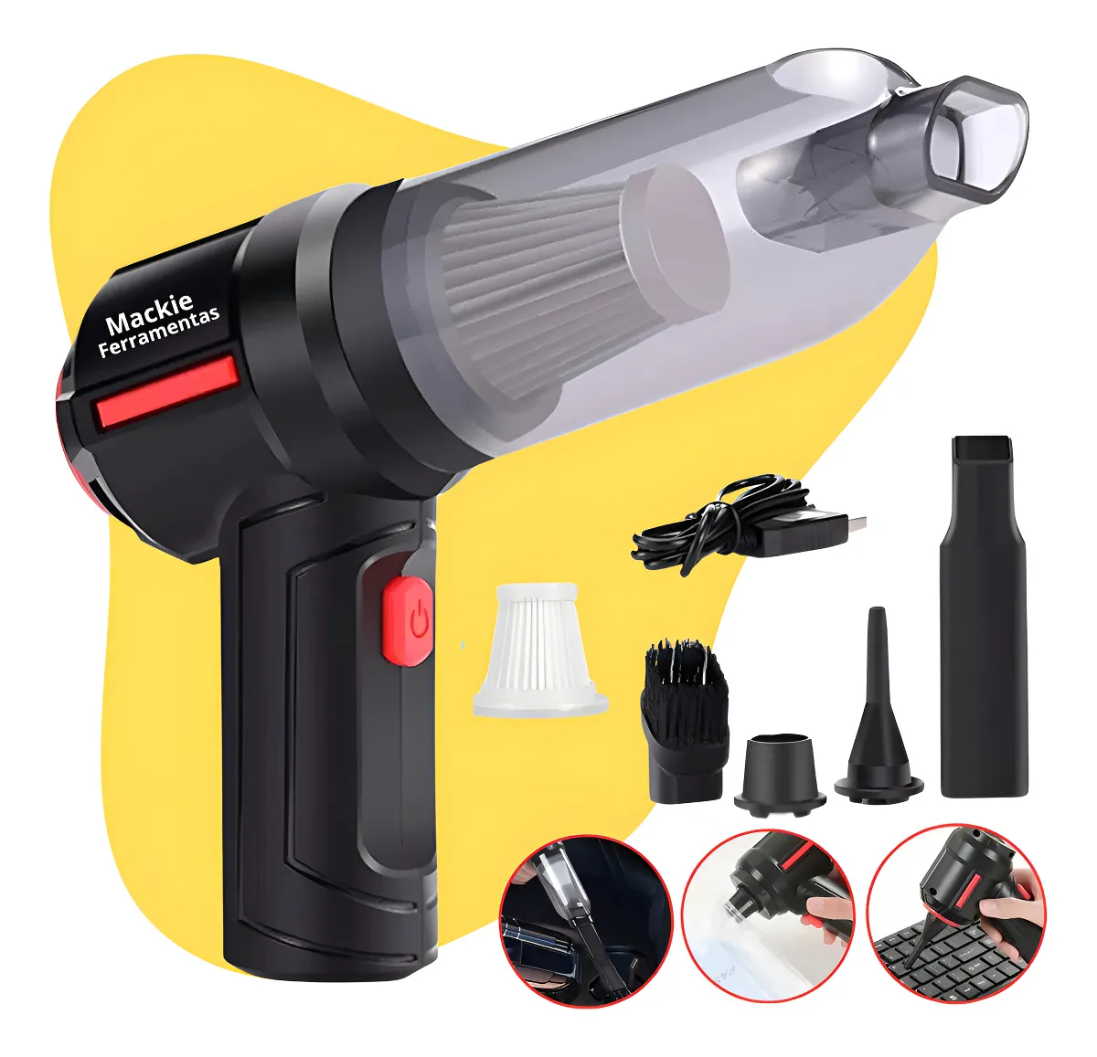 Foto do Aspirador De Pó Mini Soprador 3em1 em destaque sobre fundo escuro.