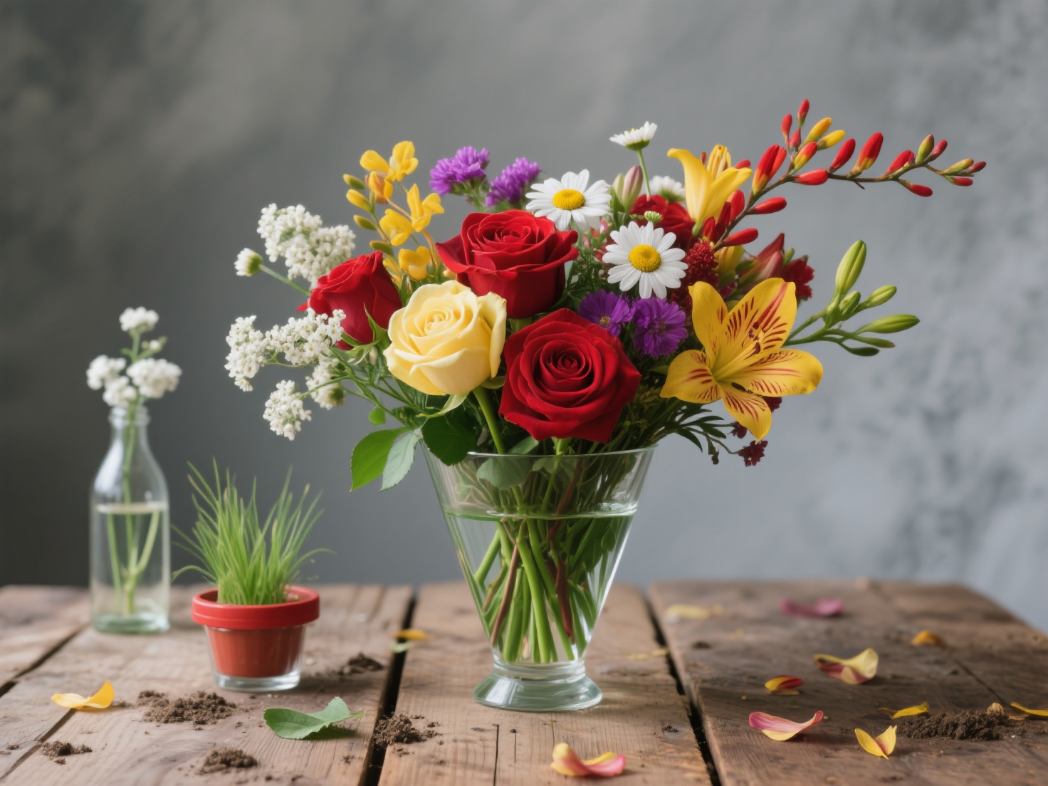Flores em vaso bem cuidadas, com folhas verdes e floração saudável