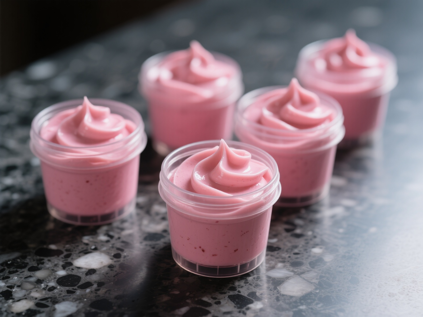 Danoninho caseiro cremoso servido em pote de vidro, com textura lisa e cor rosada suave